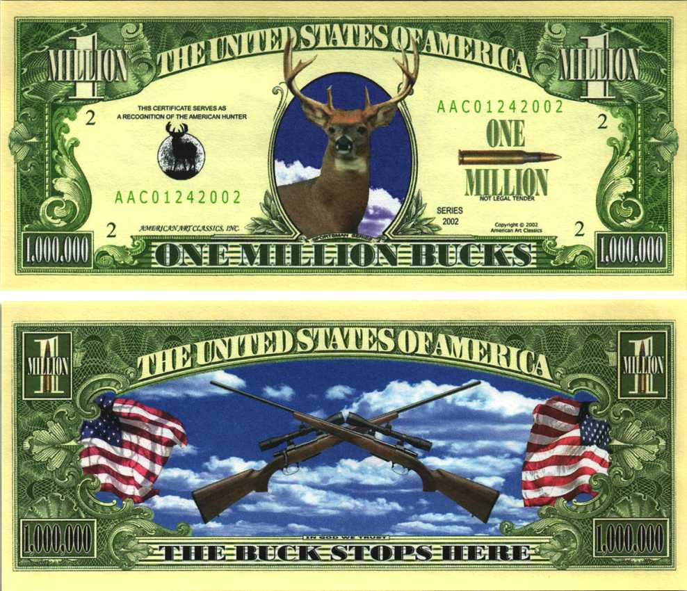 США 1000000 БАКСОВ 2002 СУВЕНИРНАЯ БАНКНОТА, ОХОТНИКИ В АМЕРИКЕ, ОХОТНИЧЬИ РУЖЬЯ бумага UNC (ПРЕСС) 7198-39-3-1