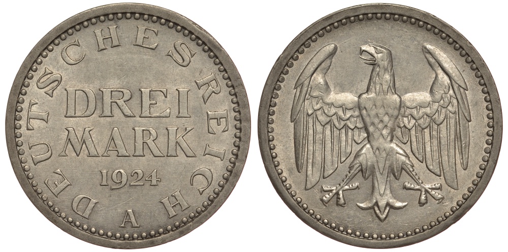 Германия 3 марки 1924 А, Веймарская Республика Weege 19, J. 312, KM 43 серебро 00-00