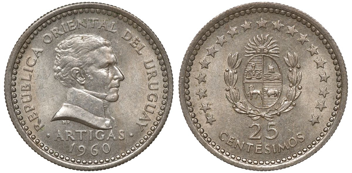 Уругвай 25 сентесимо 1960 KM 40 медно-никель 4169-963