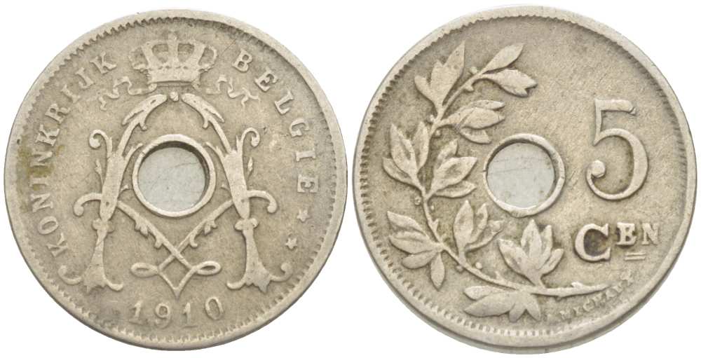 БЕЛЬГИЯ 5 САНТИМОВ 1910 BELGIE KM 67 медно-никель 3309-1259