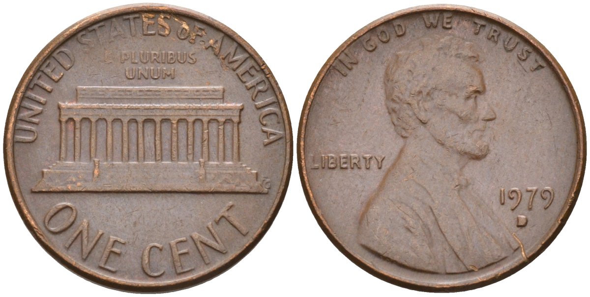 США 1 цент 1979 D, Линкольн KM 201 медь цинк 4580-413