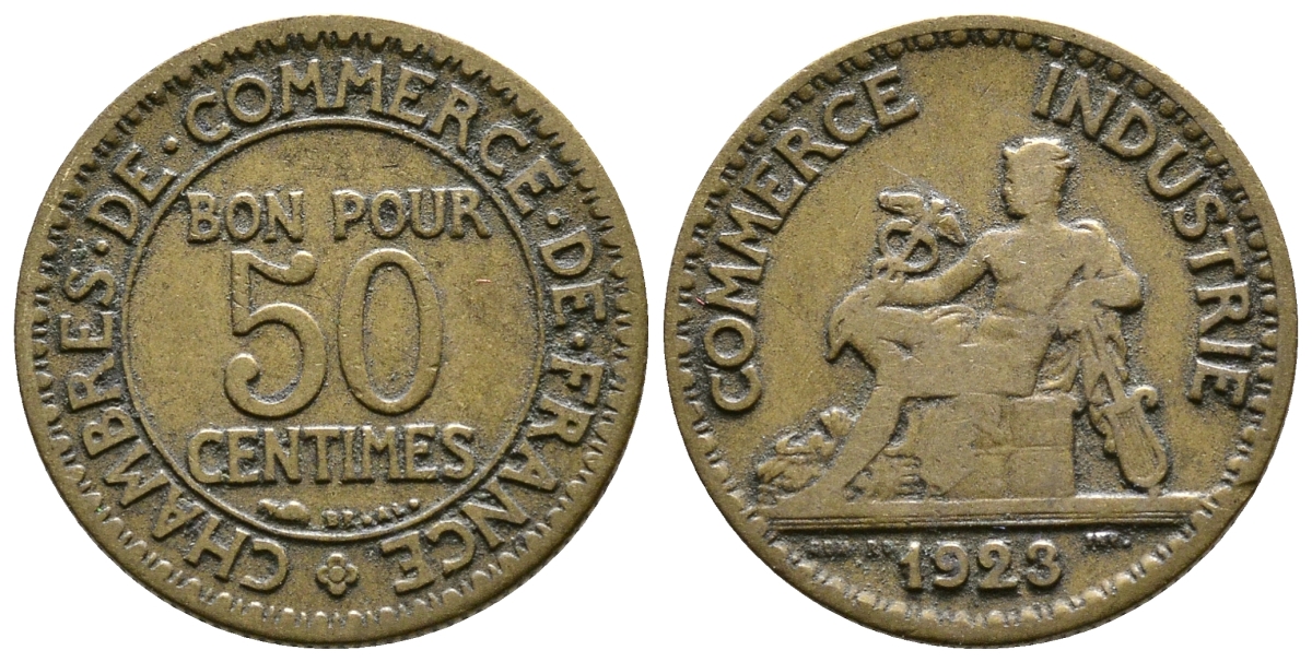 ФРАНЦИЯ 50 САНТИМОВ 1923 CHAMBRES DE COMMERCE KM 834, LE FRANC 191.6 алюминиевая бронза 26-431