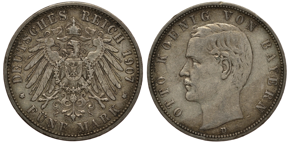 Бавария 5 марок 1907 Отто (1886-1913) Weege 47, J. 46, KM 512 серебро 3711-1524