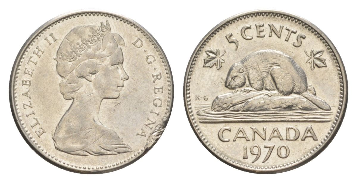 Канада 5 центов 1970 Елизавета II (1952-2022), бобр, редкий год KM 60.1 никель 4630-717