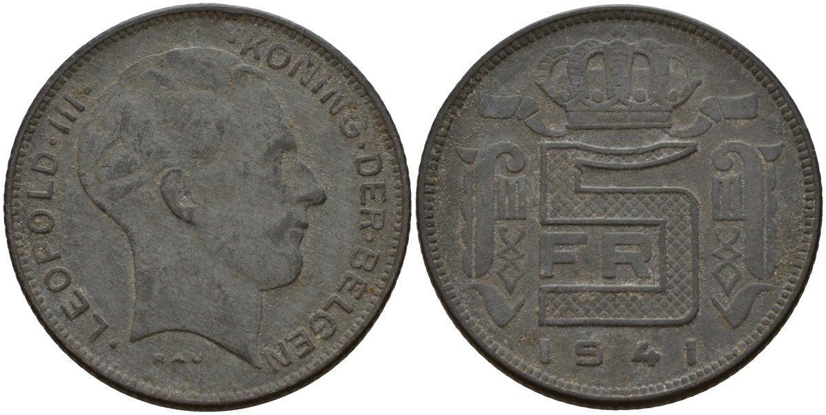Бельгия 5 франков 1941 DES BELGEN, Леопольд III (1934-1947) KM 129 цинк 4161-932