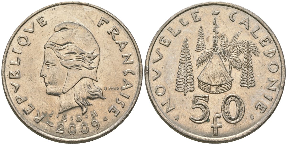 Французская Новая Каледония 50 франков 2009 хижина среди сосен и пальм, (IEOM) KM 13a, Schoen 15a, Lec 128i медно-никель 115-624