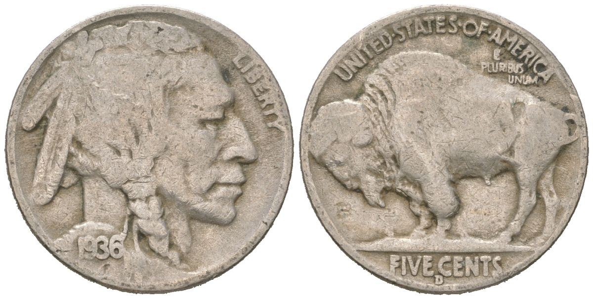США 5 центов 1936 D, индеец, бизон KM 134 медно-никель 4614-1259