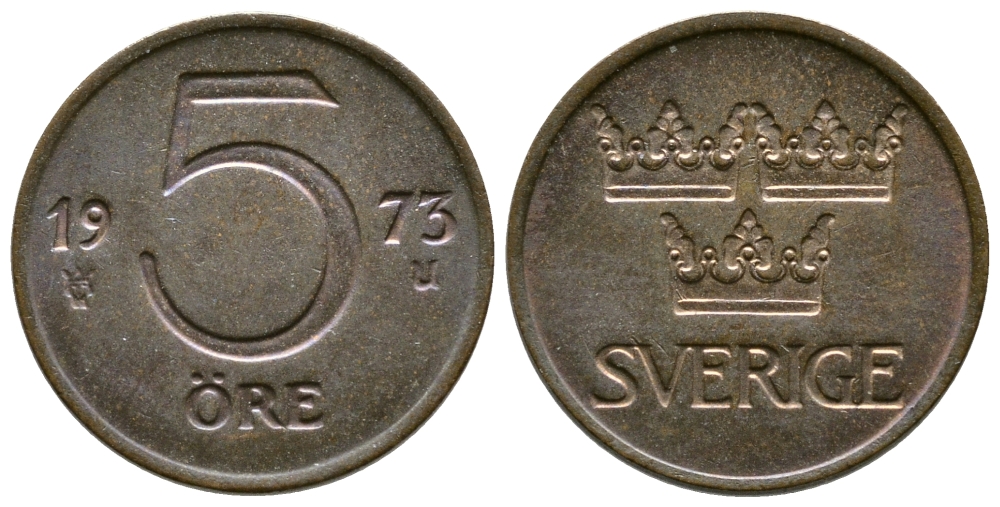 Швеция 5 эре 1973 U, Густав VI Адольф (1950-1973) KM 845 бронза 3458-145