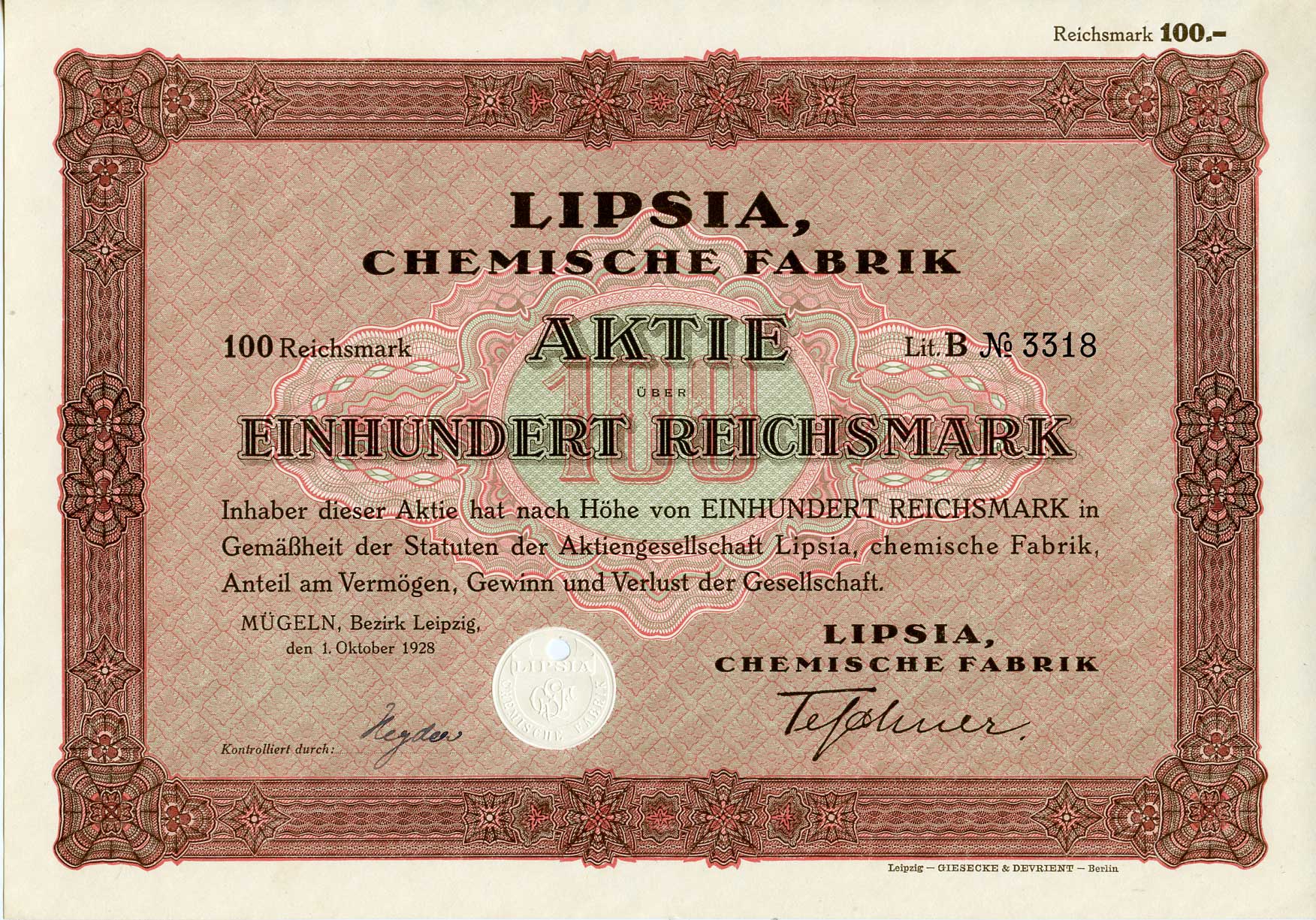 Германия 100 рейхсмарок 1928 АО Липсия, химический завод, акция   бумага   8803-12-1