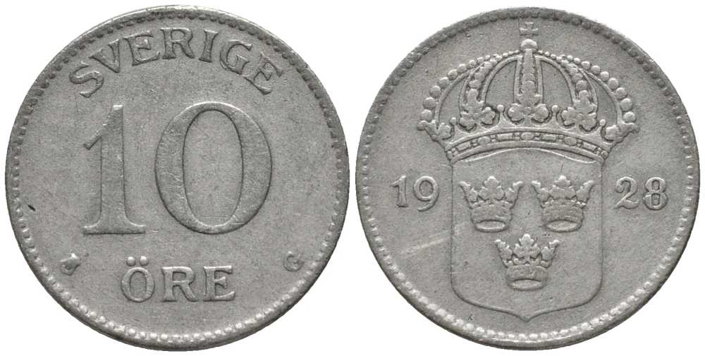Швеция 10 эре 1928 G, Густав V (1907-1950) КМ 780 серебро 201-1068