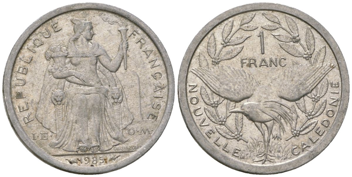 Французская Новая Каледония 1 франк 1985 птица кагу, (IEOM) KM 10, Schoen 10, Lec 47 алюминий 51-3313