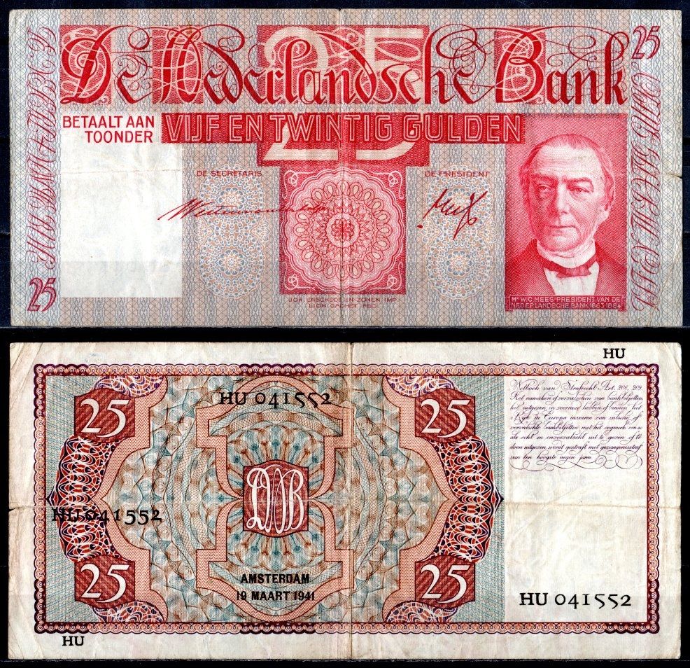 Нидерланды 25 гульденов 1941 Виллем Корнелис Меес Pick 50 (2) бумага 7457-1-1-2