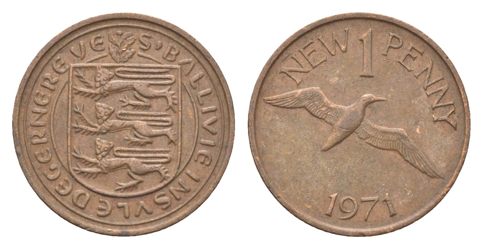 Гернси 1 новый пенни 1971 Елизавета II (1952-2022), северная олуша в полете KM 21 бронза 4702-743