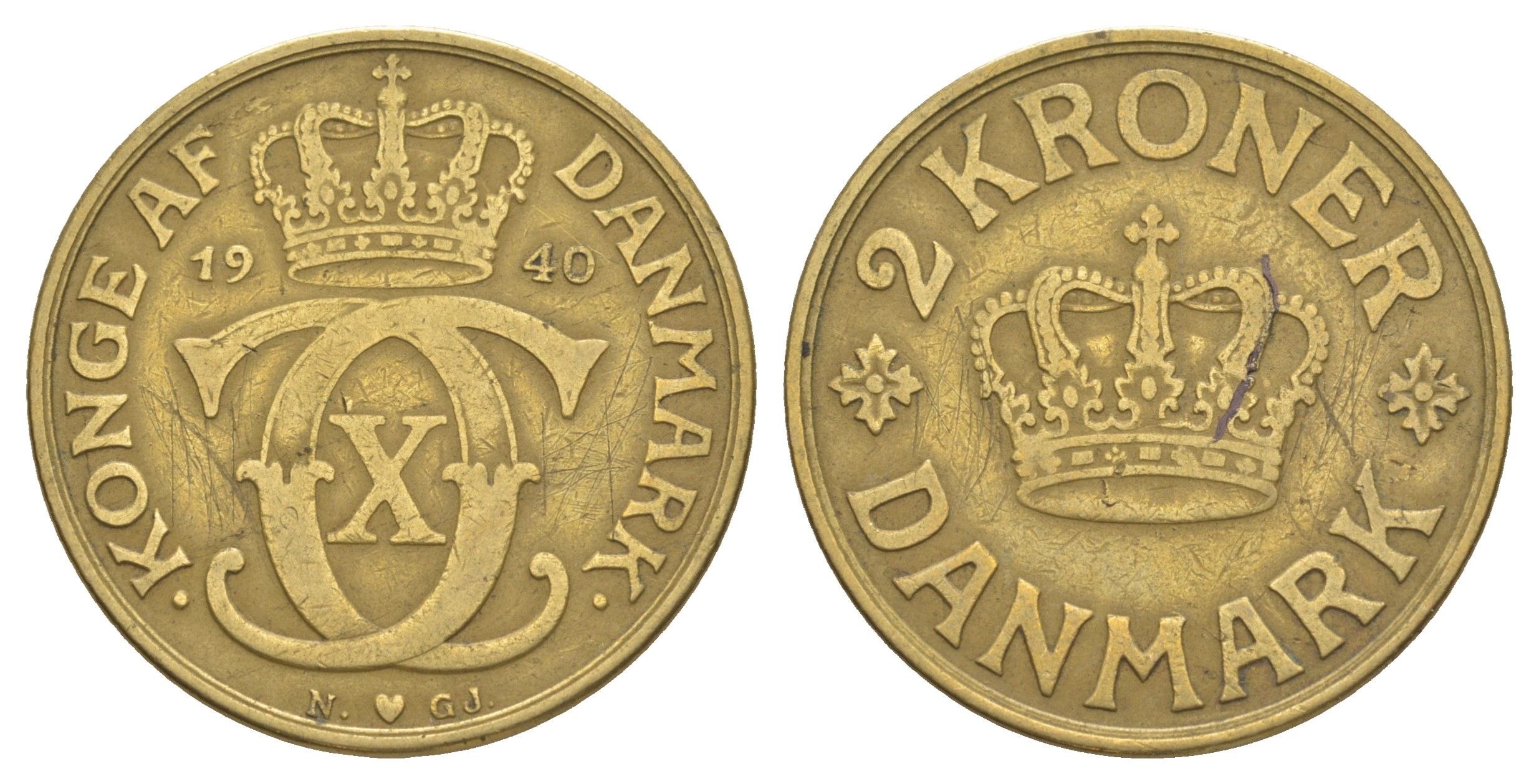 Дания 2 кроны 1940 N, Кристиан X (1912-1947) KM 825 алюминиевая бронза 4634-524