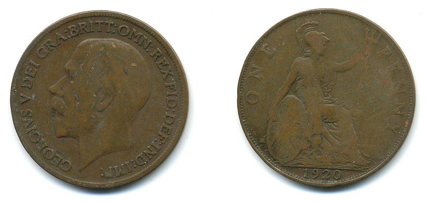 Великобритания 1 пенни 1920 Георг V (1910-1936) КМ 810, Spink 4051 бронза 4110-225