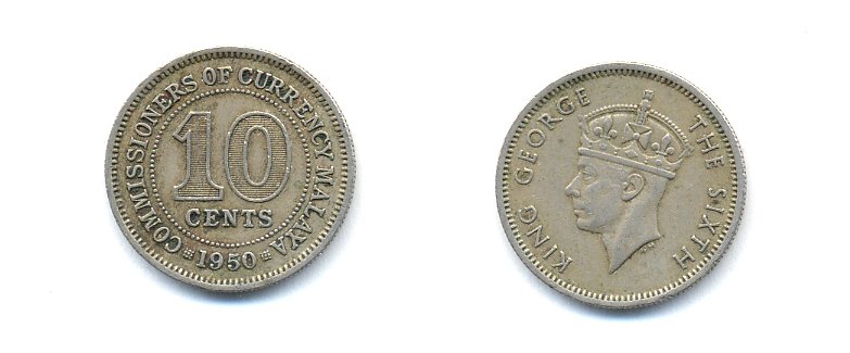 МАЛАЙЯ 10 ЦЕНТОВ 1950 KM 8 медно-никель 4379-539