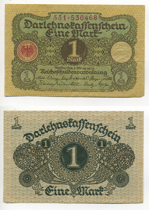 ГЕРМАНИЯ 1 МАРКА 1920 1 МАРТА 1920, ВЕЙМАРСКАЯ РЕСПУБЛИКА Pick 58 бумага 6280-61-4