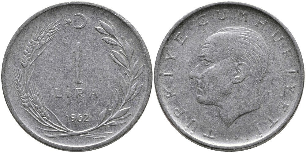 Турция 1 лира 1962 Мустафа Кемаль Ататюрк KM 889а.1 нержавеющая сталь 4541-1225