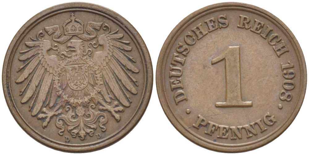 ГЕРМАНИЯ 1 ПФЕННИГ 1908 D KM 10, J. 10, Weege 2 медь 211-369