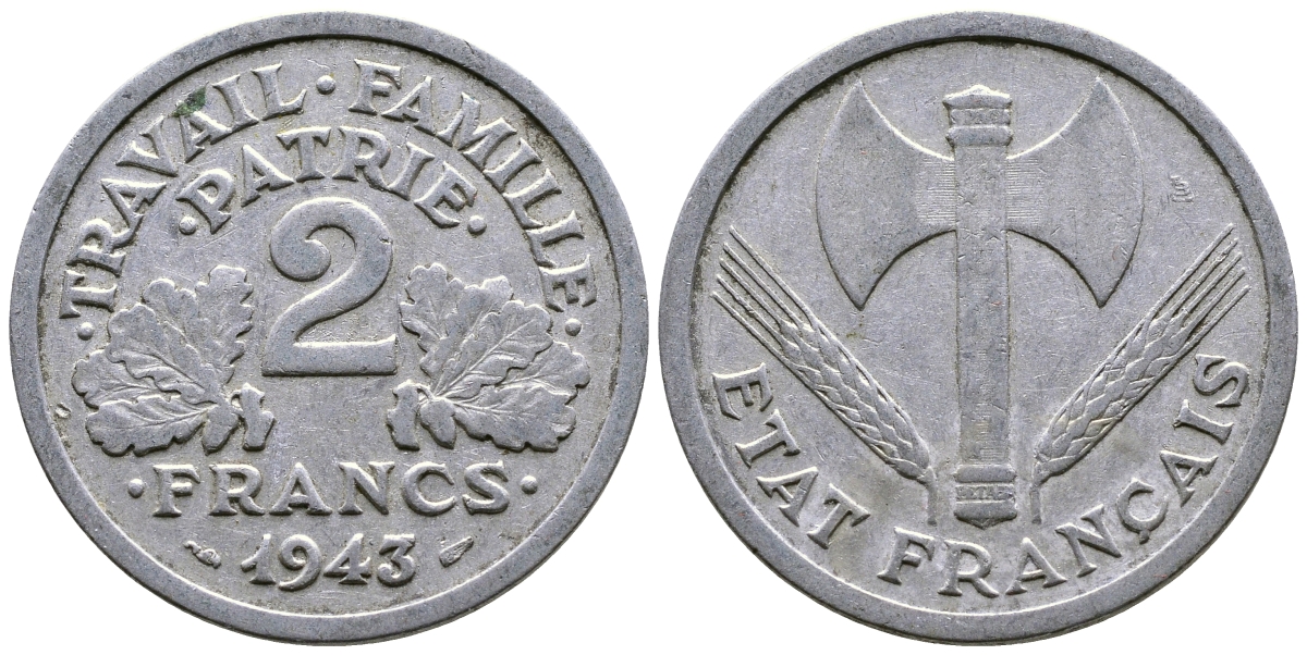 Франция 2 франка 1943 правительство Виши KM 904.1 алюминий 4384-1015