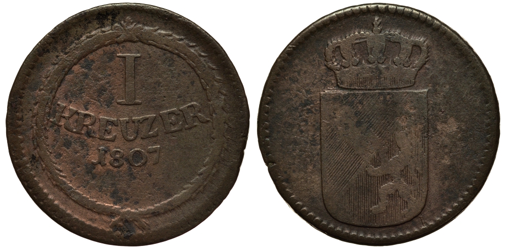 Баден 1 крейцер 1807 Великий Герцог Карл Людвиг Фридрих (1806-1811) KM 141 медь 1517-731