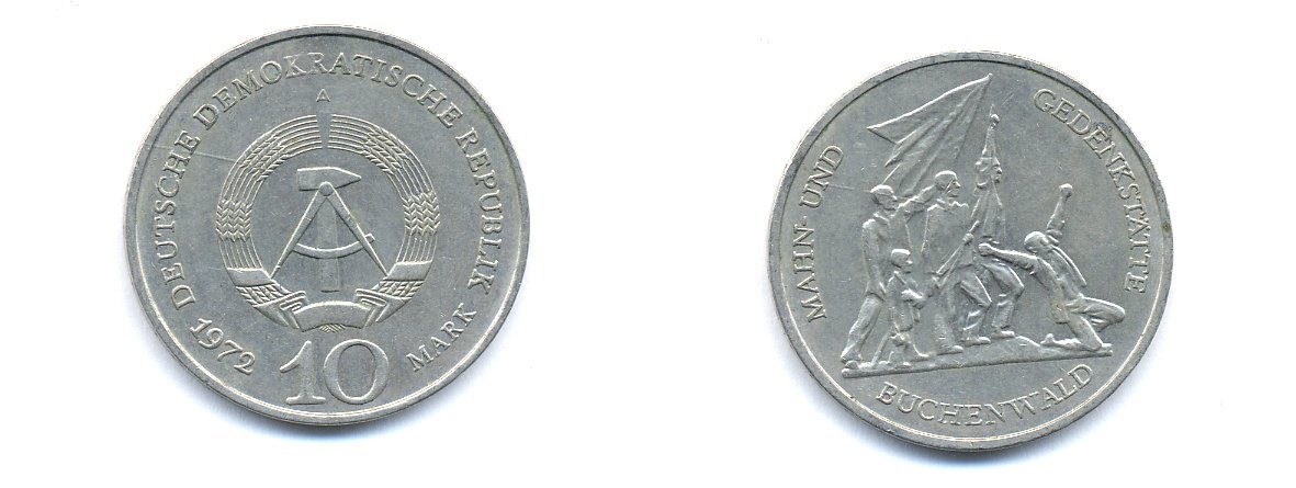 ГДР 10 марок 1972 A, мемориал Бухенвальда KM 38, J. 1539 медно-никель 3333-235