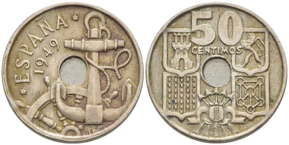 Испания 50 сентимо 1949 (54) Франсиско Франко (1939-1975), морская атрибутика KM 777 медно-никель 116-1048