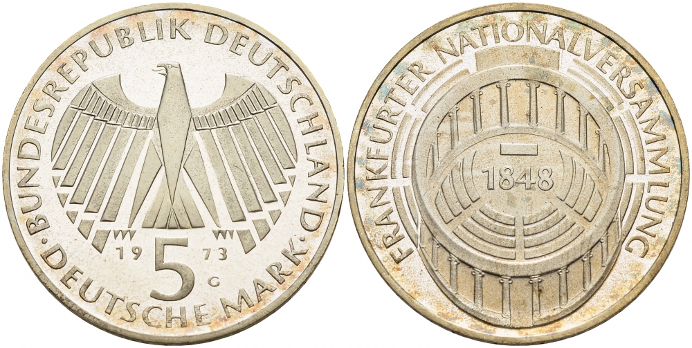 ФРГ 5 марок 1973 G, 125 лет Франкфуртскому парламенту J. 412, KM 137 серебро PROOF 1087-3-21