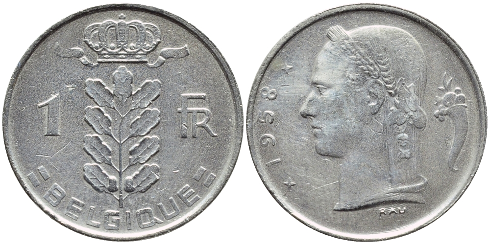 БЕЛЬГИЯ 1 ФРАНК 1959 BELGIQUE KM 142.1 медно-никель 4388-434