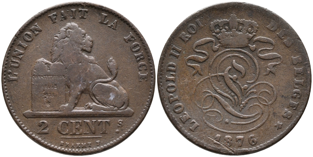 Бельгия 2 сантима 1876 Belges, Леопольд II (1865-1909) KM 35.1 медь 95-646