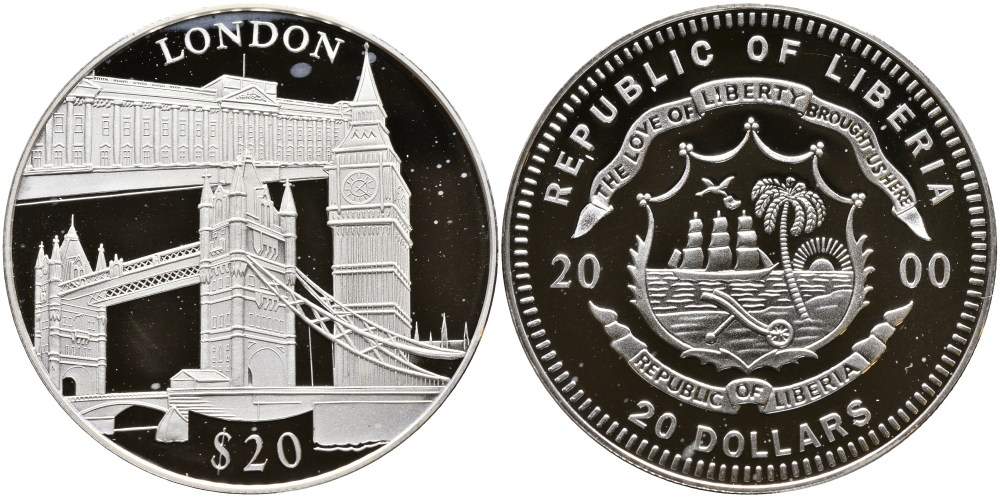 Либерия 20 долларов 2000 серия памятники архитектуры, Лондон KM 639 серебро PROOF 00-00