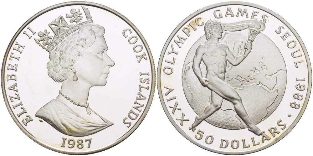 ОСТРОВА КУКА 50 ДОЛЛАРОВ 1987 XXIV ОЛИМПИЙСКИЕ ИГРЫ В СЕУЛЕ 1988 ГОДА, ФАКЕЛОНОСЕЦ, ПРОБА 925, ВЕС 28,28 ГР., ТИРАЖ 20000 ЭКЗ. KM 40 серебро PROOF 1085-7-42