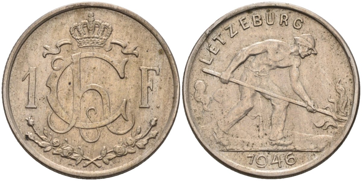 Люксембург 1 франк 1946 Шарлотта (1918-1964), сталевар KM 46.1 медно-никель 4116-1043