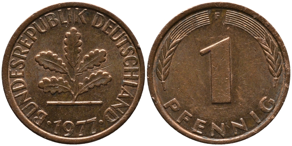 ФРГ 1 ПФЕННИГ 1977 F KM 105, J.380 сталь плакированная медью 96-1111