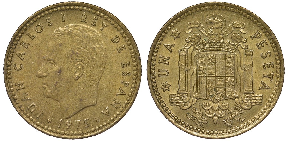 Испания 1 песета 1975 (76) Хуан Карлос I (1975-2001) KM 806 алюминиевая бронза 4128-1056