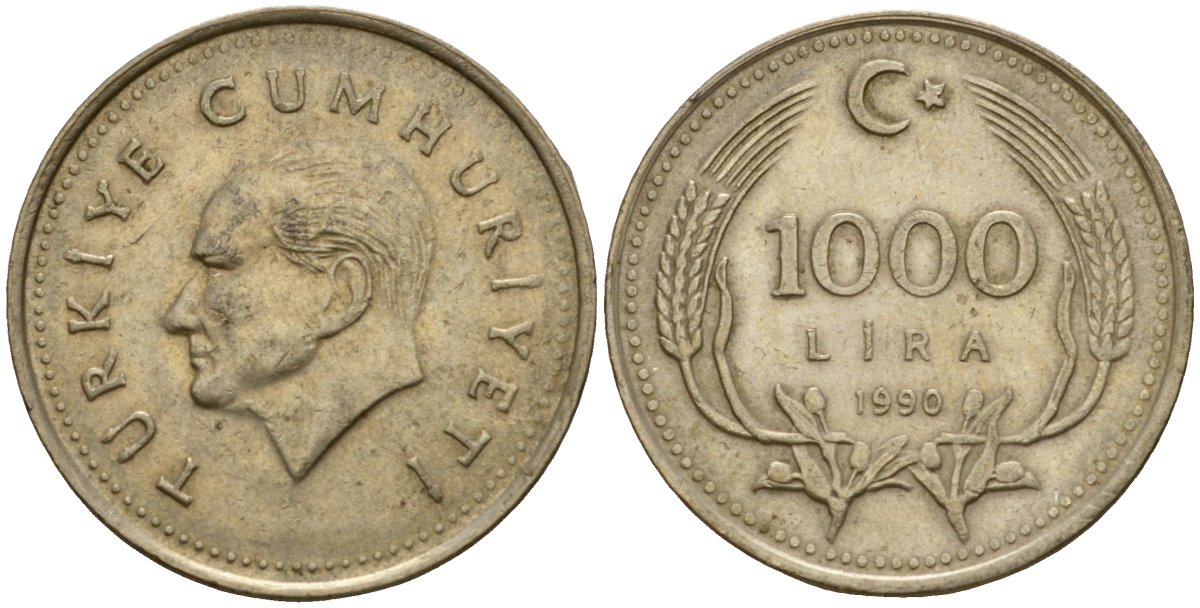 Турция 1000 лир 1990 Кемаль Ататюрк KM 997 медь цинк никель 4601-657