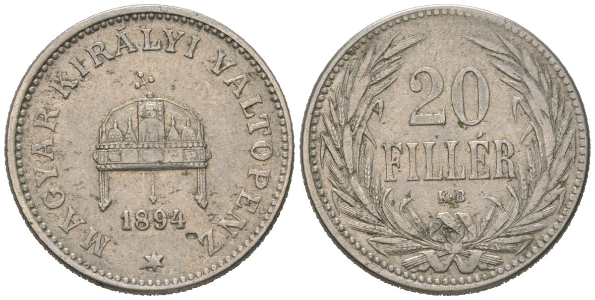 Венгрия 20 филлеров 1894 KB, Франц Иосиф I (1848-1916) KM 483 никель 4147-654