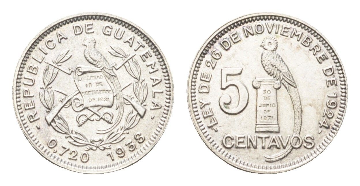 Гватемала 5 сентаво 1938 редкий год KM 238.2 серебро UNC 4127-1421