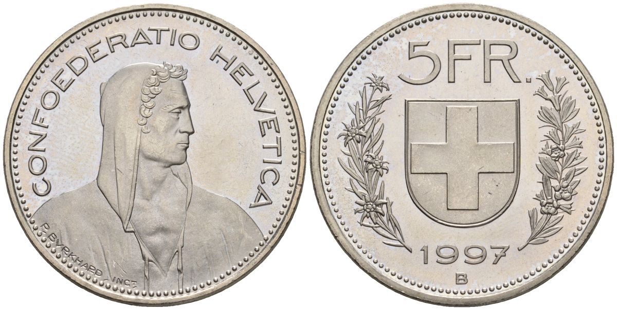 Швейцария 5 франков 1997 B, наборная KM 40a медно-никель UNC 4517-333