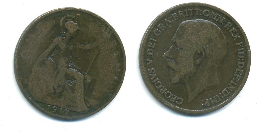 Великобритания 1 пенни 1917 Георг V (1910-1936) КМ 810, Spink 4051 бронза 37-1214