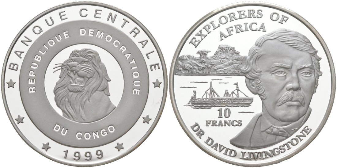 Конго 10 франков 1999 исследователи Африки - доктор Давид Ливингстон, тираж 10000 экз., в коробке, с сертификатом KM 20 серебро PROOF 3-4-3-48