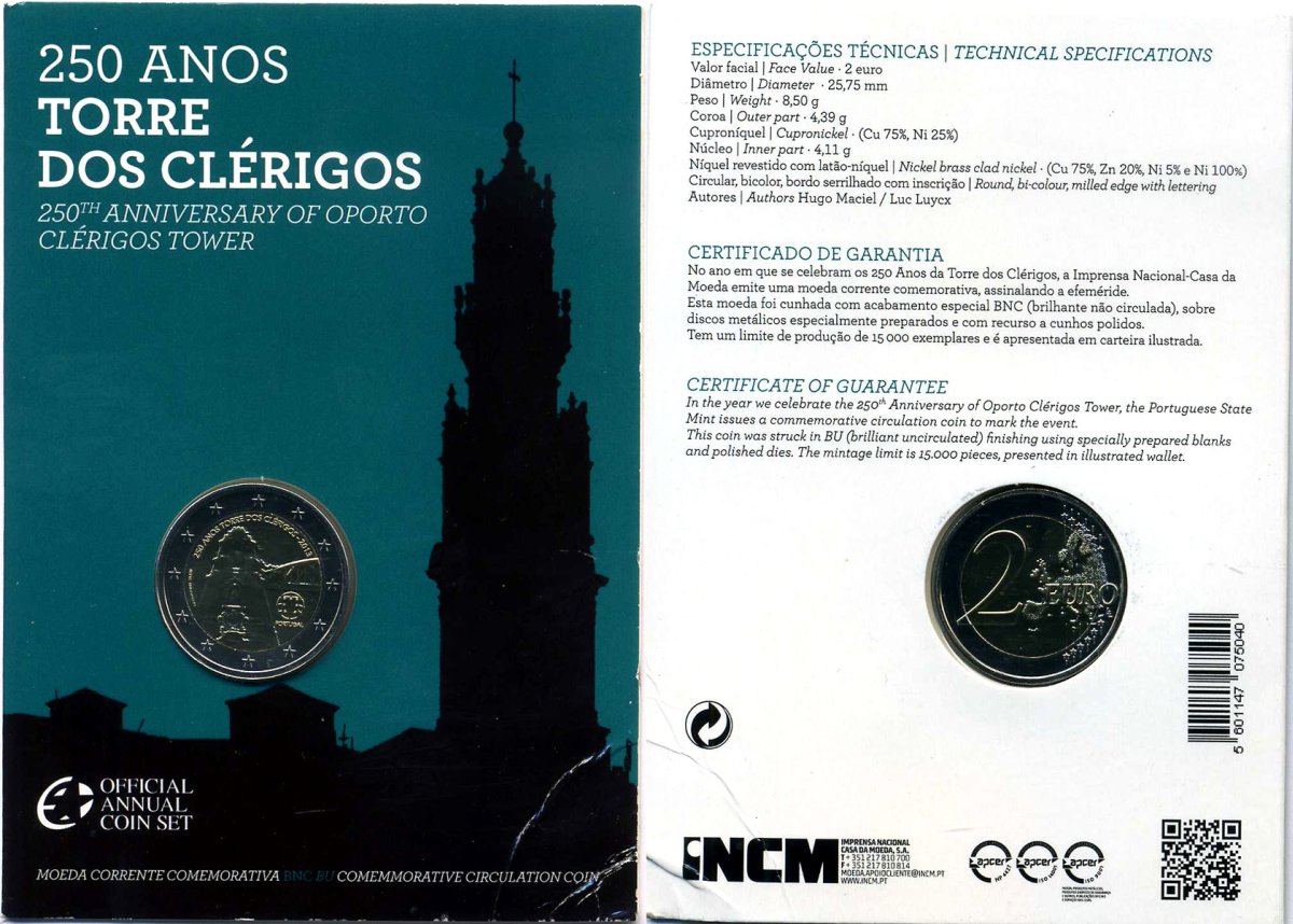 Португалия 2 евро 2013 250 лет башне Клеригуш, запайка, картонный буклет KM 848 биметалл BUNC 3-4-8-42