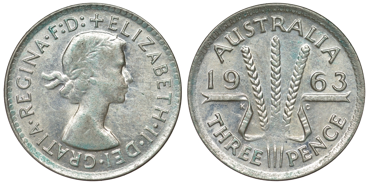 Австралия 3 пенса 1963 m, Елизавета II (1952-2022) KM 57 серебро 71-847