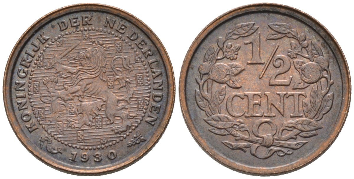 Нидерланды 1/2 цента 1930 Вильгельмина (1890-1948) KM 138 бронза 4576-442