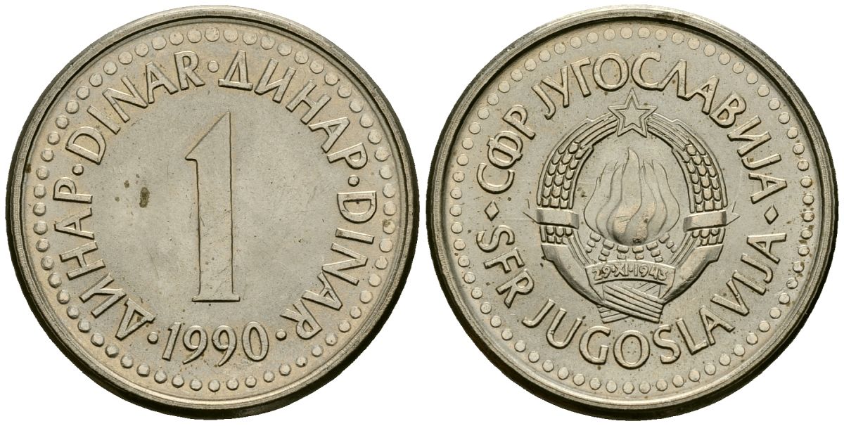 Югославия 1 динар 1990 KM 142 медь никель цинк 4135-1127