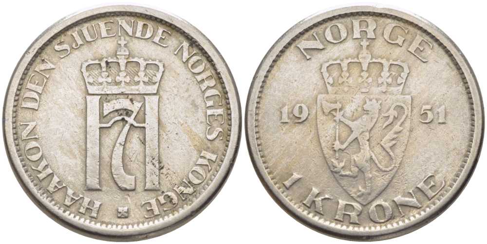Норвегия 1 крона 1951 Хокон VII (1905-1957) KM 397.1 медно-никель 119-936