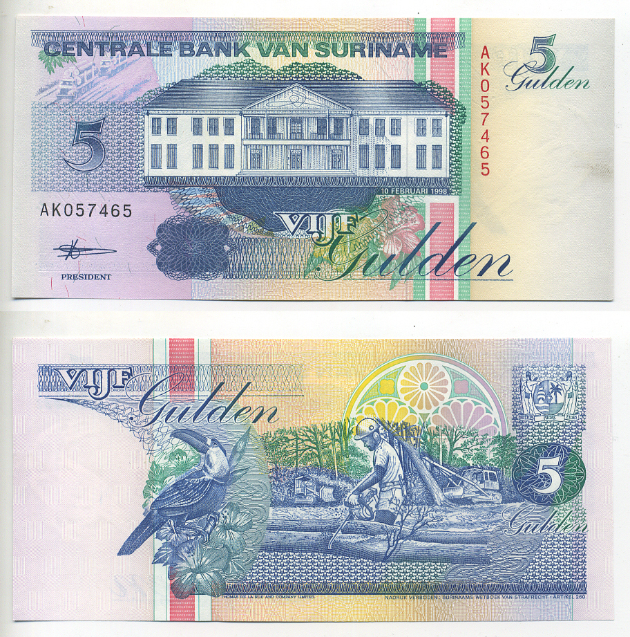 Суринам 5 гульденов 1998 здание Центрального банка, тукан Pick 136 b бумага UNC (пресс) 6318-13-2-2