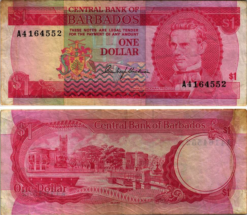 БАРБАДОС 1 ДОЛЛАР 1973 САМУЭЛЬ ДЖЕКМЕН ПРЕСКОД, TDLR, ТРАФАЛЬГАРСКАЯ ПЛОЩАДЬ В БРИДЖТАУНЕ Pick 29а бумага 8604-48-1-2