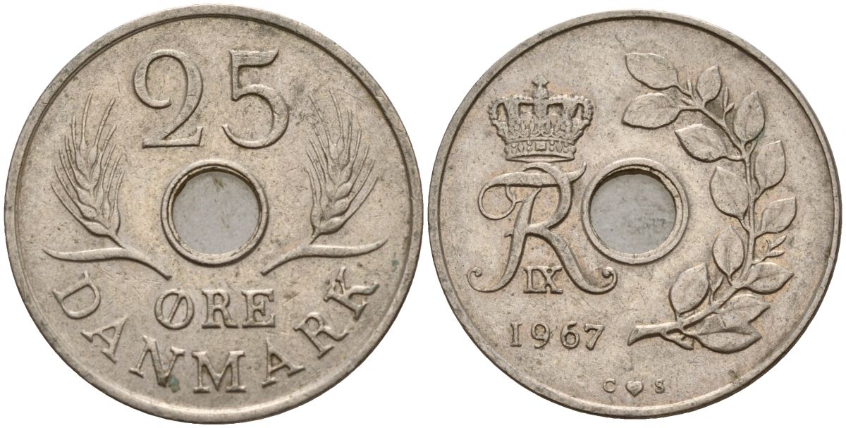 Дания 25 эре 1967 С; S, Фредерик IX (1947-1972) KM 855.1 медно-никель 4150-915