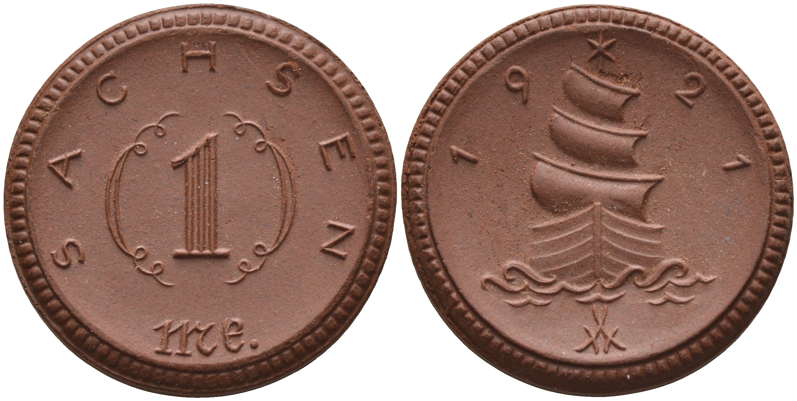 Саксония 1 марка 1921 парусник J. N 55 фарфор 1094-3-24